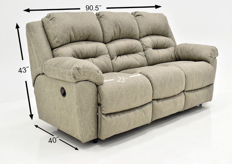 Tan Bella Reclining Sofa by Franklin Furniture Showing the Dimensions, Made in the USA | Home Furniture Plus Bedding