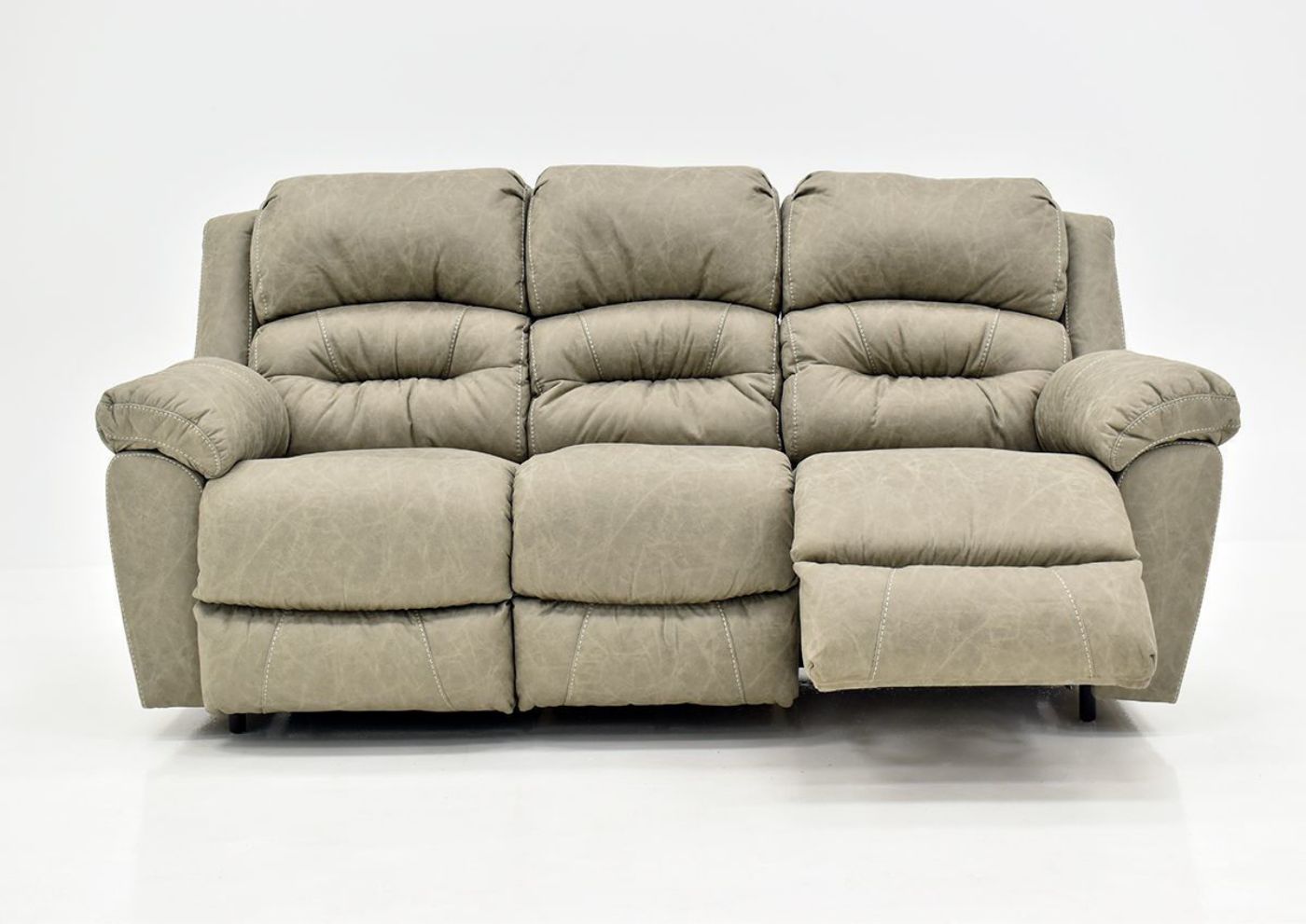 Tan Bella Reclining Sofa by Franklin Furniture Showing the Front View with One Recliner Open, Made in the USA | Home Furniture Plus Bedding