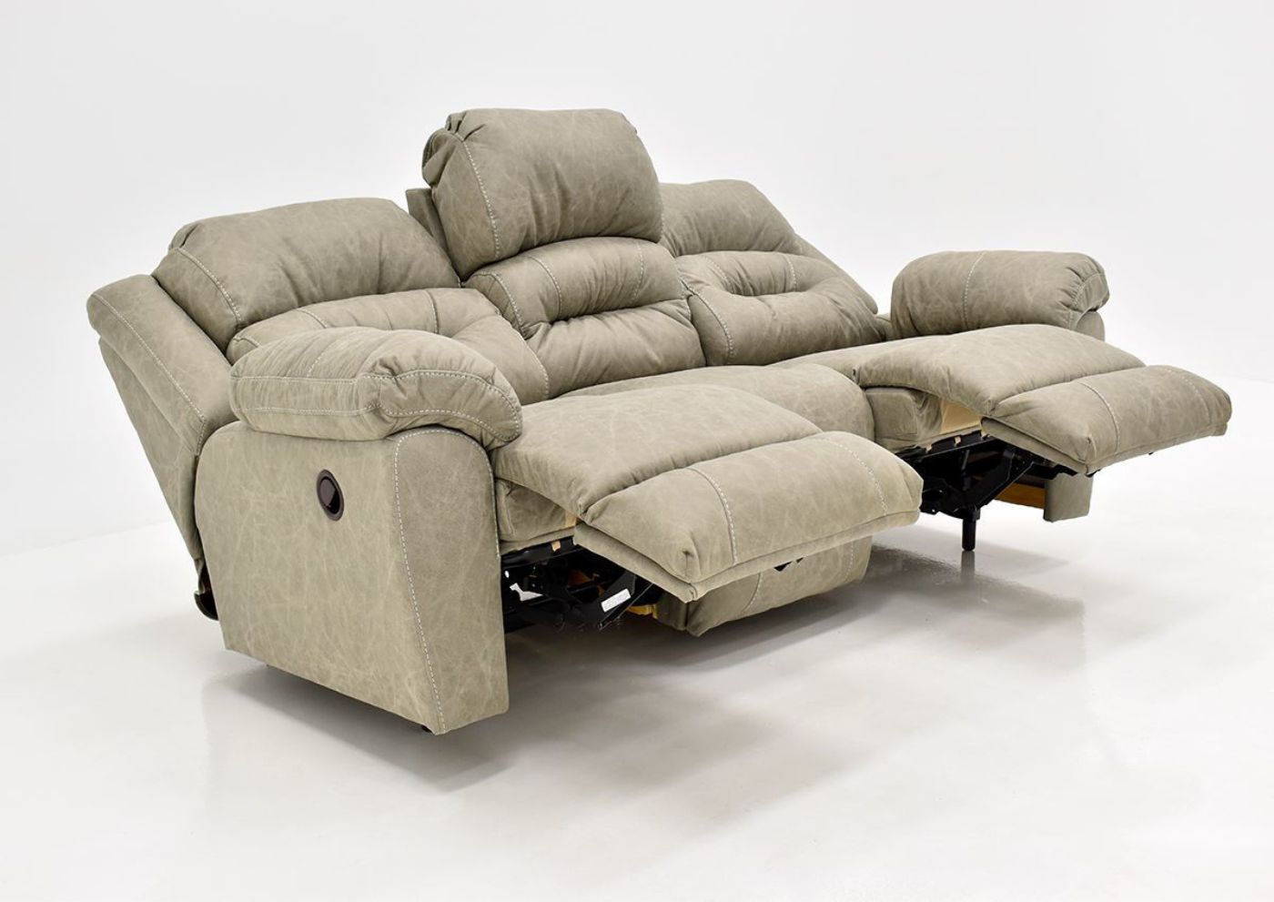 Tan Bella Reclining Sofa by Franklin Furniture Showing the Angle View in a Fully Reclined Position, Made in the USA | Home Furniture Plus Bedding