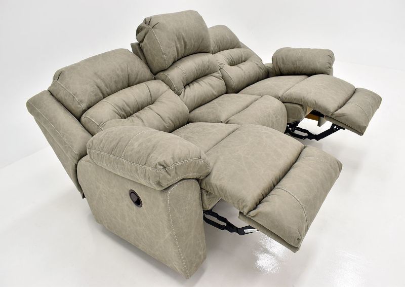 Tan Bella Reclining Sofa by Franklin Furniture Showing the Angle View in a Fully Reclined Position, Made in the USA | Home Furniture Plus Bedding