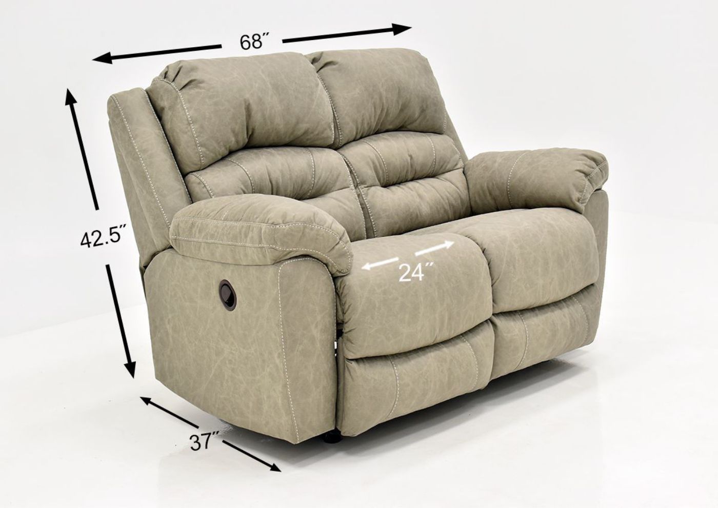 Tan Bella Reclining Loveseat by Franklin Furniture Showing the Dimensions, Made in the USA | Home Furniture Plus Bedding