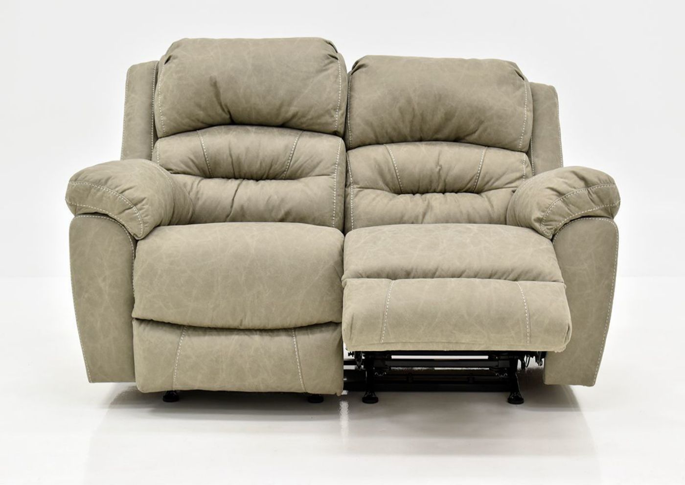 Tan Bella Reclining Loveseat by Franklin Furniture Showing the Front View With One Recliner Open, Made in the USA | Home Furniture Plus Bedding