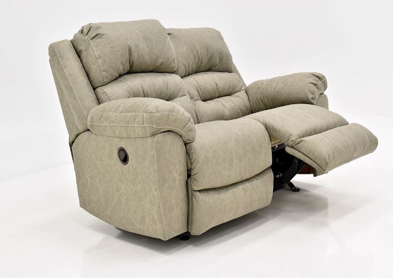 Tan Bella Reclining Loveseat by Franklin Furniture Showing the Angle View With One Recliner Open, Made in the USA | Home Furniture Plus Bedding