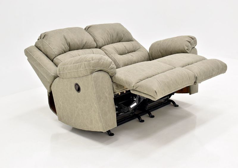 Tan Bella Reclining Loveseat by Franklin Furniture Showing the Angle View in a Fully Reclined Position, Made in the USA | Home Furniture Plus Bedding
