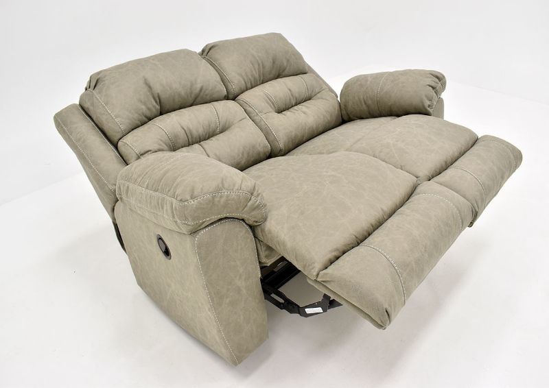 Tan Bella Reclining Loveseat by Franklin Furniture Showing the Angle View in a Fully Reclined Position, Made in the USA | Home Furniture Plus Bedding