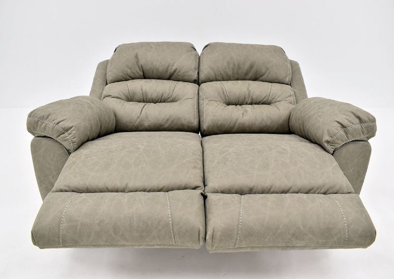 Tan Bella Reclining Loveseat by Franklin Furniture Showing the Close Up Front View in a Fully Reclined Position, Made in the USA | Home Furniture Plus Bedding