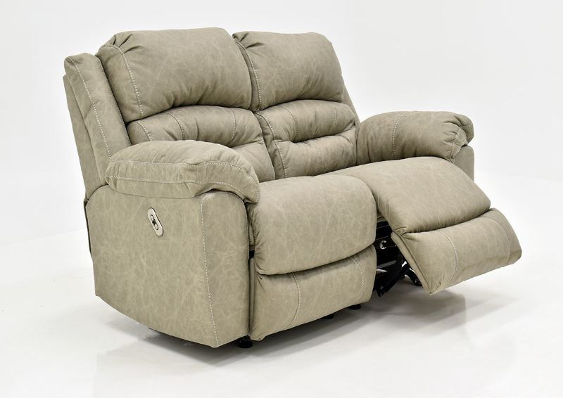 Tan Bella POWER Reclining Loveseat by Franklin Furniture Showing the Angle View With One Recliner Open, Made in the USA | Home Furniture Plus Bedding
