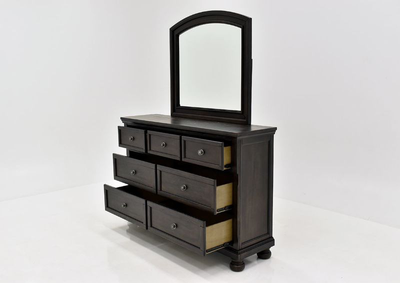 Dark Brown Sofia Laure Dresser with Mirror by Avalon Furniture Showing the Angle View With the Drawers Open | Home Furniture Plus Bedding
