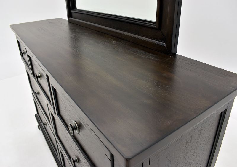 Dark Brown Sofia Laure Dresser with Mirror by Avalon Furniture Showing the Top Finish of the Dresser | Home Furniture Plus Bedding
