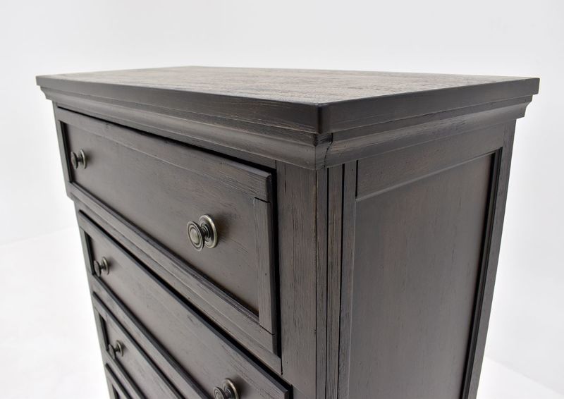 Dark Brown Sofia Laure Chest of Drawers by Avalon Furniture, Showing the Top Part of the Chest | Home Furniture Plus Bedding