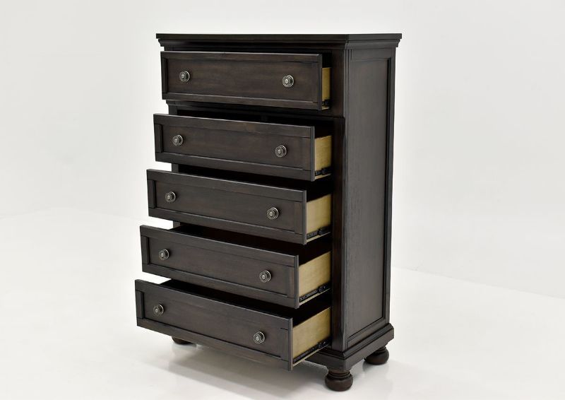 Dark Brown Sofia Laure Chest of Drawers by Avalon Furniture, Showing the Angle View With the Drawers Open | Home Furniture Plus Bedding