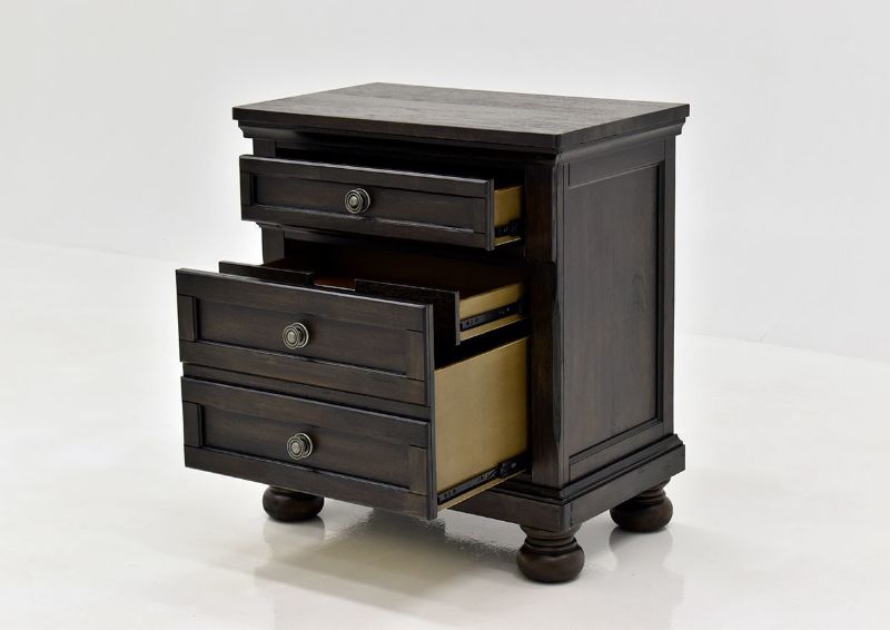 Dark Brown Sofia Laure Nightstand by Avalon Furniture Showing the Angle View With The Drawers Open | Home Furniture Plus Bedding