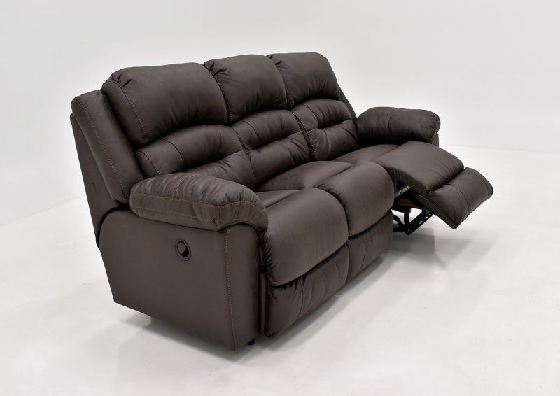 Dark Brown Bella Reclining Sofa by Franklin Furniture. Showing the Angle View With One Recliner Open, Made in the USA | Home Furniture Plus Bedding