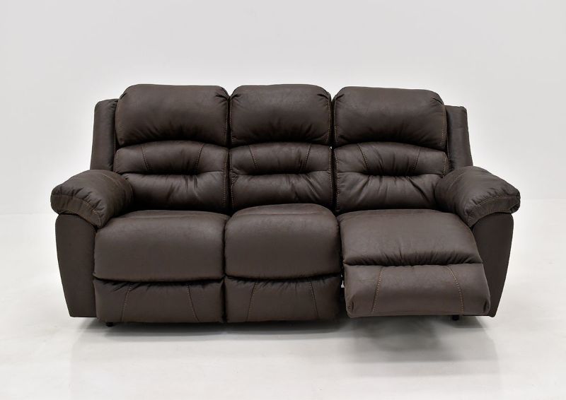 Dark Brown Bella Reclining Sofa by Franklin Furniture. Showing the Front View With One Recliner Open, Made in the USA | Home Furniture Plus Bedding