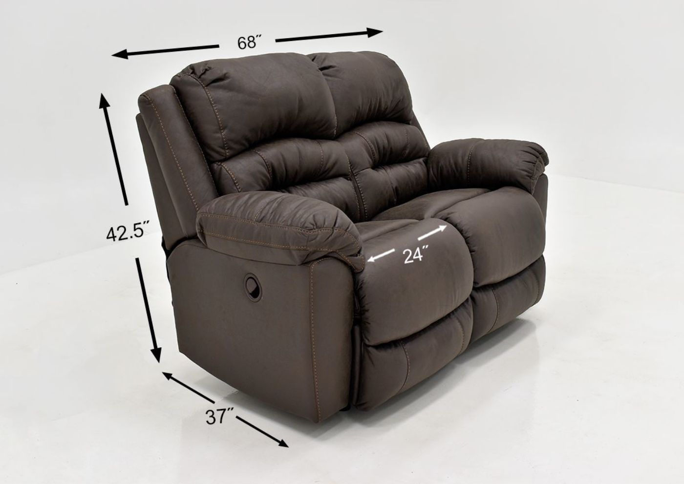 Dark Brown Bella Reclining Loveseat by Franklin Furniture Showing the Dimensions. Made in the USA | Home Furniture Plus Bedding