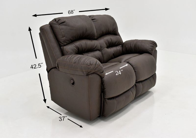 Dark Brown Bella Reclining Loveseat by Franklin Furniture Showing the Dimensions. Made in the USA | Home Furniture Plus Bedding