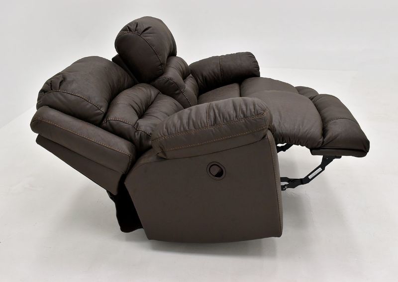 Dark Brown Bella Reclining Loveseat by Franklin Furniture Showing the Side View in a Reclined Position. Made in the USA | Home Furniture Plus Bedding