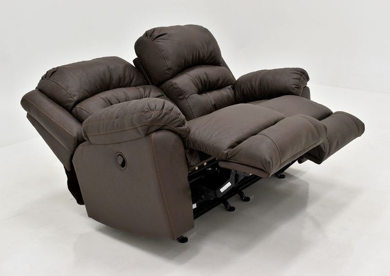 Dark Brown Bella Reclining Loveseat by Franklin Furniture Showing the Angle View in a Reclined Position. Made in the USA | Home Furniture Plus Bedding