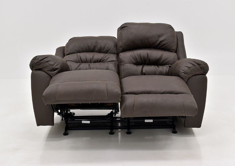 Dark Brown Bella Reclining Loveseat by Franklin Furniture Showing the Front View in a Reclined Position. Made in the USA | Home Furniture Plus Bedding