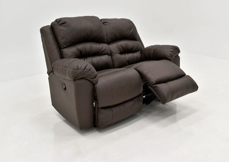 Dark Brown Bella Reclining Loveseat by Franklin Furniture Showing the Angle View With One Recliner Open. Made in the USA | Home Furniture Plus Bedding