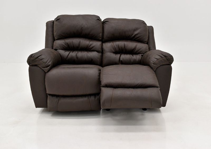 Dark Brown Bella Reclining Loveseat by Franklin Furniture Showing the Front View With One Recliner Open. Made in the USA | Home Furniture Plus Bedding
