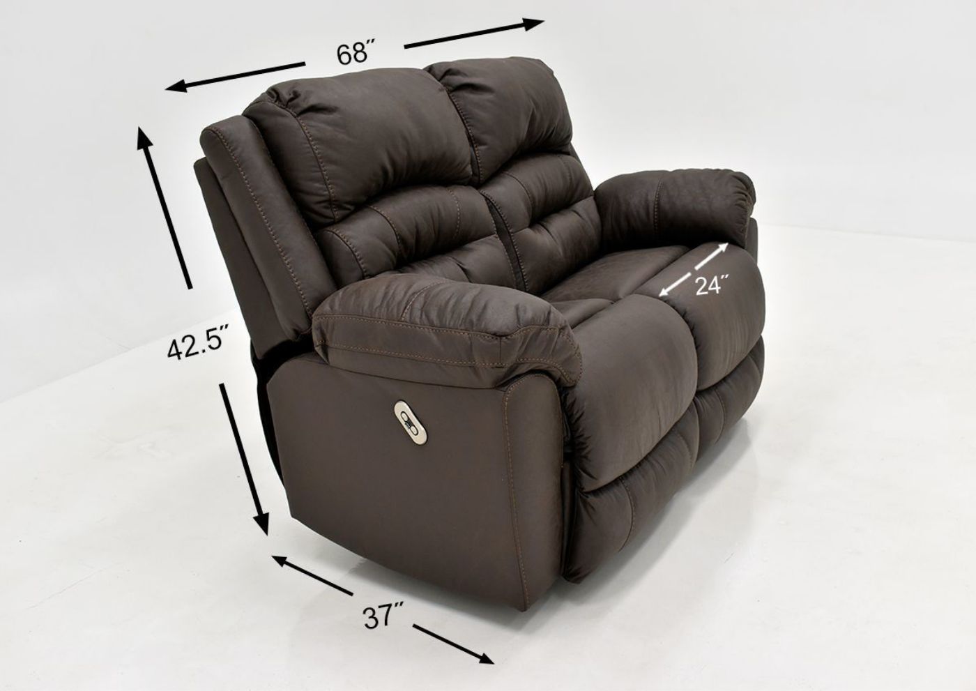 Dark Brown Bella POWER Reclining Loveseat by Franklin Furniture Showing the Dimensions, Made in the USA | Home Furniture Plus Bedding