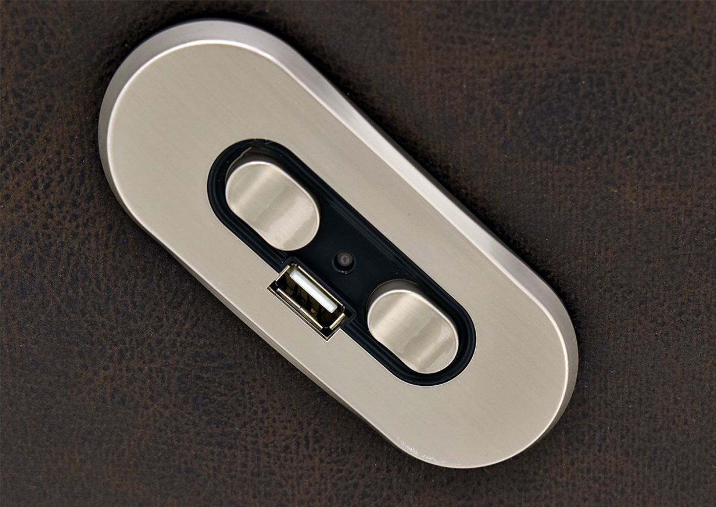 Dark Brown Bella POWER Reclining Loveseat by Franklin Furniture Showing the Power Button Detail, Made in the USA | Home Furniture Plus Bedding