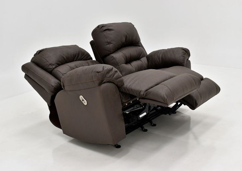 Dark Brown Bella POWER Reclining Loveseat by Franklin Furniture. Showing the Angle View, Reclined Positions, Made in the USA | Home Furniture Plus Bedding