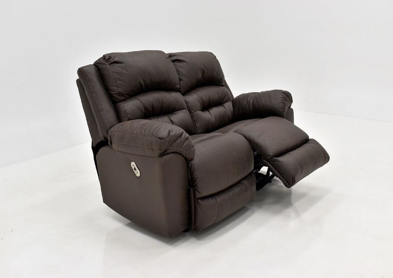 Dark Brown Bella POWER Reclining Loveseat by Franklin Furniture. Showing the Angle View With One Recliner Open, Made in the USA | Home Furniture Plus Bedding
