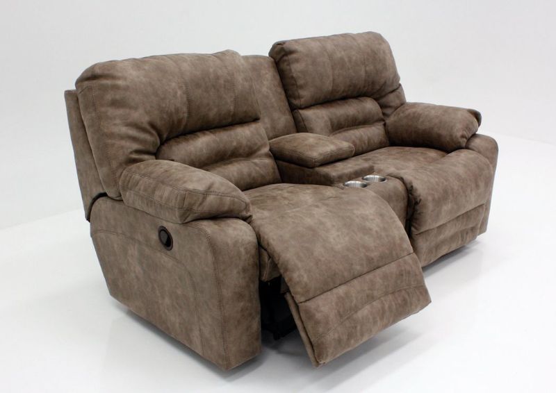 Tan Legacy Reclining Loveseat at an Angle with one Chaise in the Reclined Position | Home Furniture Plus Bedding
