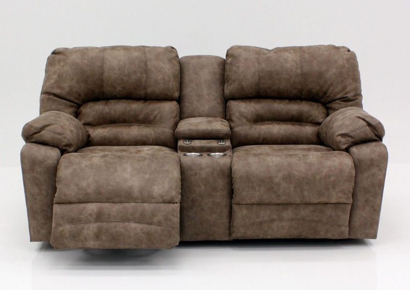 Front Facing View of the Tan Legacy POWER Reclining Loveseat with one Chaise in the Reclined Position | Home Furniture Plus Bedding