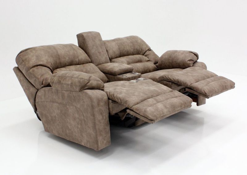 Tan Legacy POWER Reclining Loveseat at an Angle in a Fully Reclined Position | Home Furniture Plus Bedding