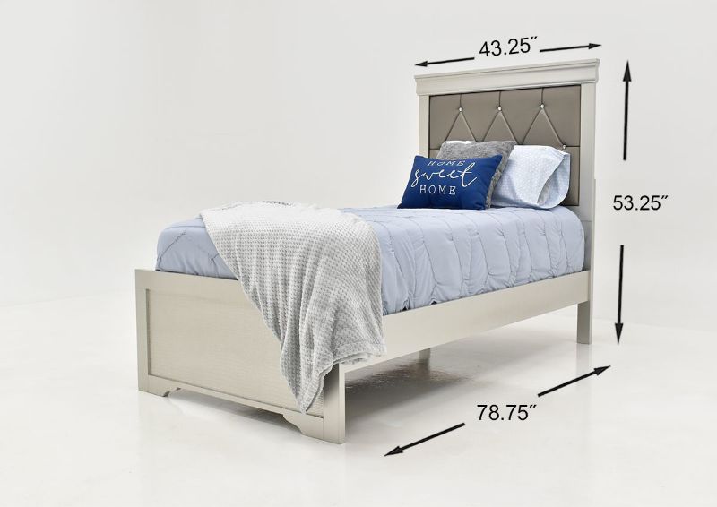 Silver Amalia Twin Size Upholstered Bed by Crown Mark Showing the Dimensions | Home Furniture Plus Bedding