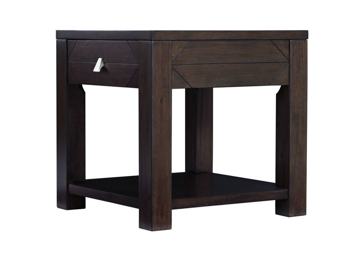 Dark Espresso Brown Tariland End Table by Ashley Furniture Showing the Angle View | Home Furniture Plus Bedding