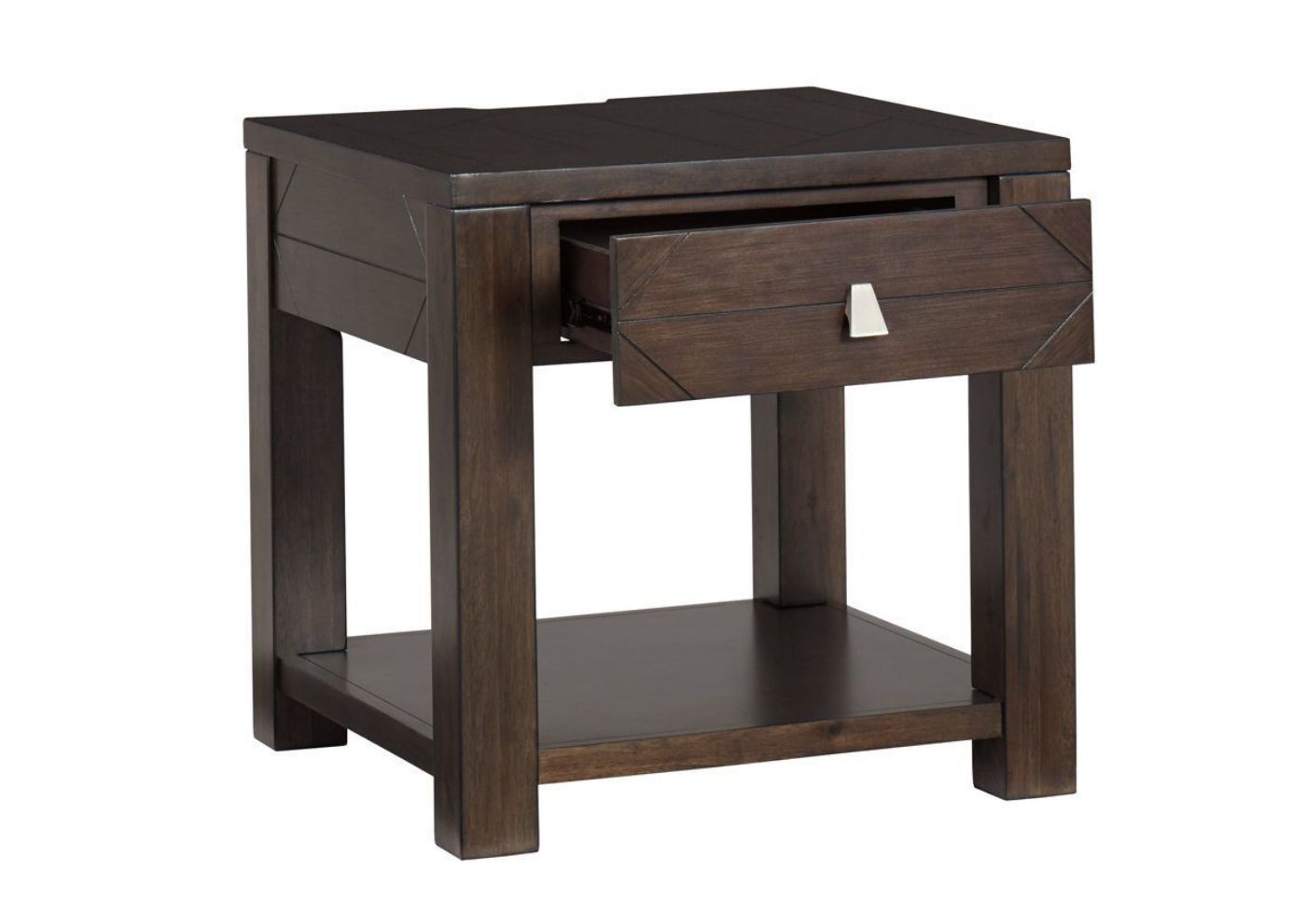 Dark Espresso Brown Tariland End Table by Ashley Furniture Showing the Angle View With the Drawer Open | Home Furniture Plus Bedding