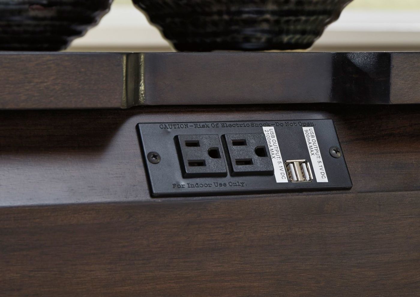 Dark Espresso Brown Tariland End Table by Ashley Furniture Showing the USB Charging Ports | Home Furniture Plus Bedding