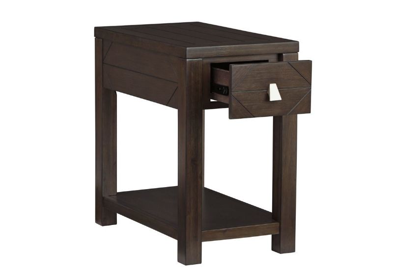 Dark Espresso Brown Tariland Chairside Table by Ashley Furniture Showing the Angle View With the Drawer Open | Home Furniture Plus Bedding