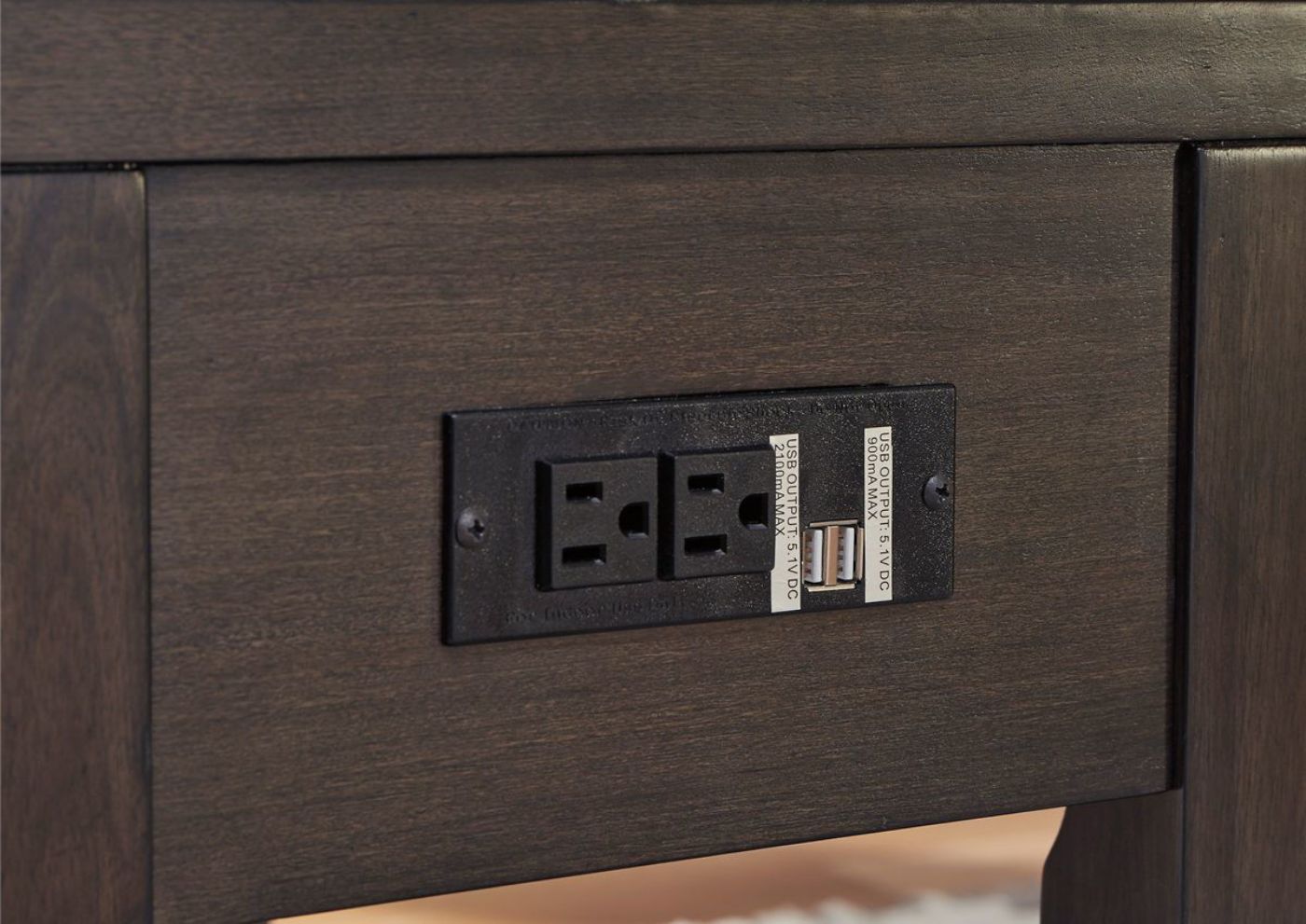 Dark Espresso Brown Tariland Chairside Table by Ashley Furniture Showing the Electrical Outlets | Home Furniture Plus Bedding
