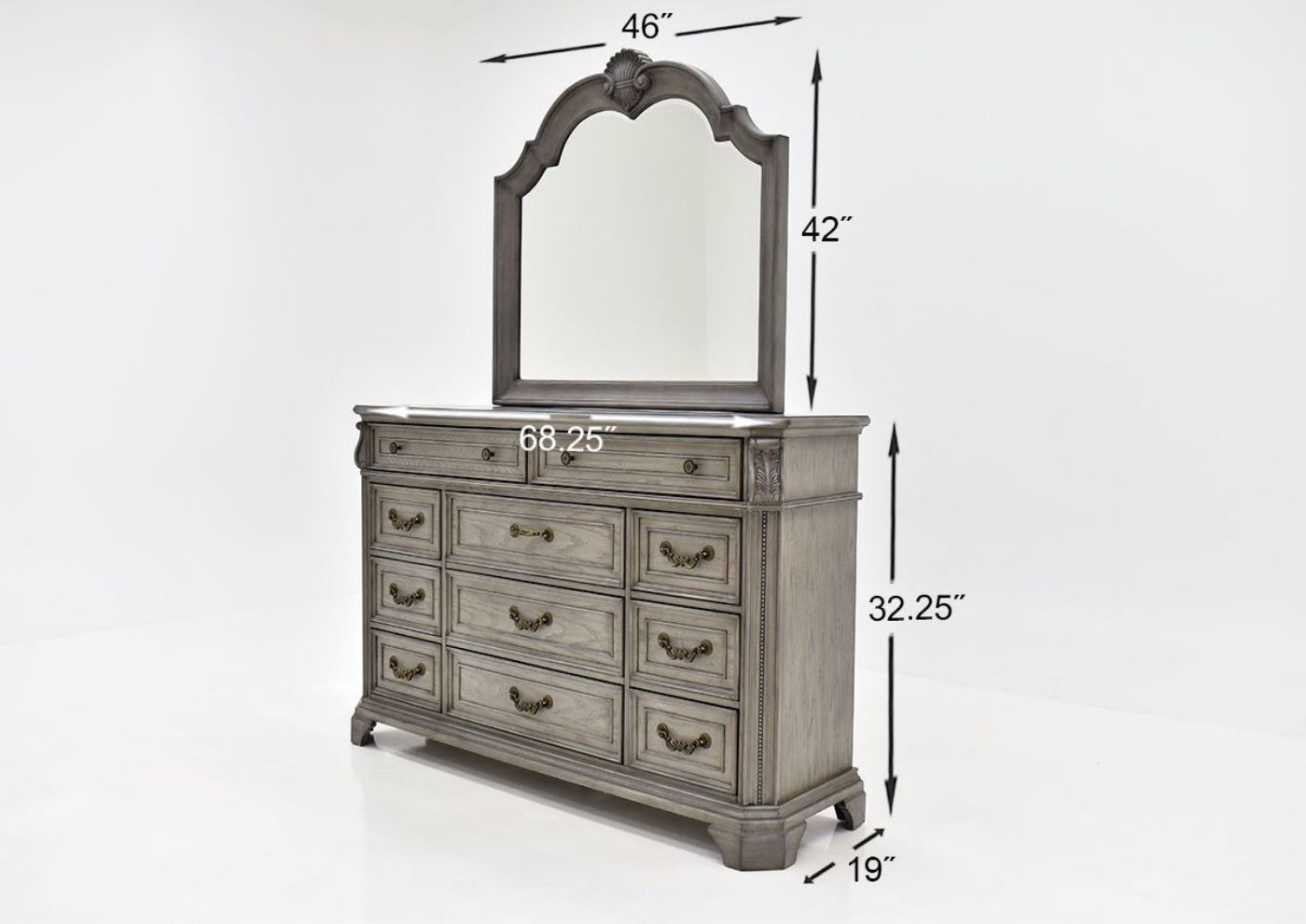 Gray Siena King Size Canopy Bedroom Set by Avalon Furniture Showing the Dresser with Mirror Dimensions | Home Furniture Plus Bedding