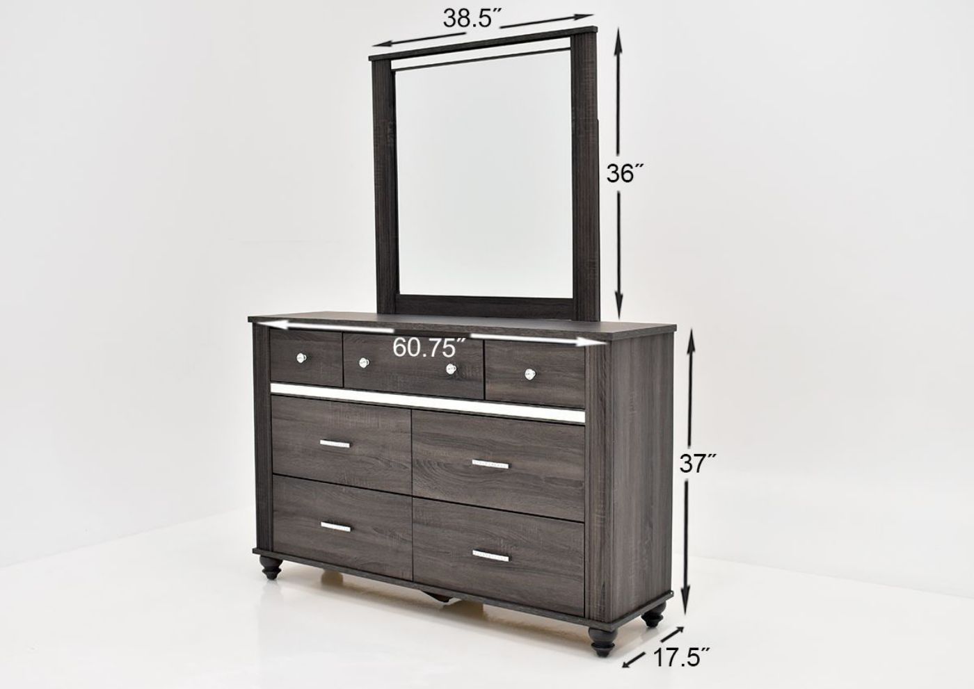 Black Gaston King Size Bedroom Set by Crown Mark Showing the Dresser and Mirror Dimensions | Home Furniture Plus Bedding