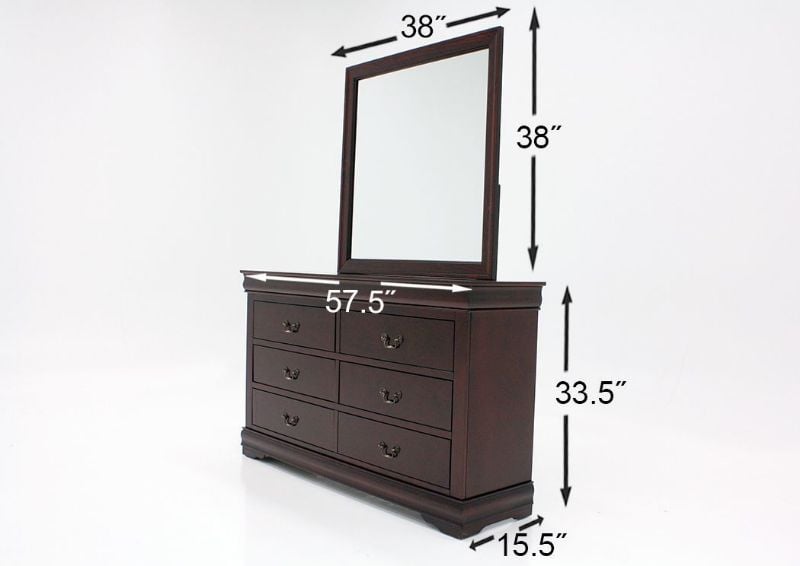 Cherry Brown Louis Philippe King Size Bedroom Set by Crown Mark Showing the Dresser with Mirror Dimensions | Home Furniture Plus Bedding