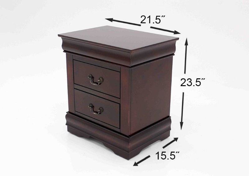 Cherry Brown Louis Philippe King Size Bedroom Set by Crown Mark Showing the Nightstand Dimensions | Home Furniture Plus Bedding