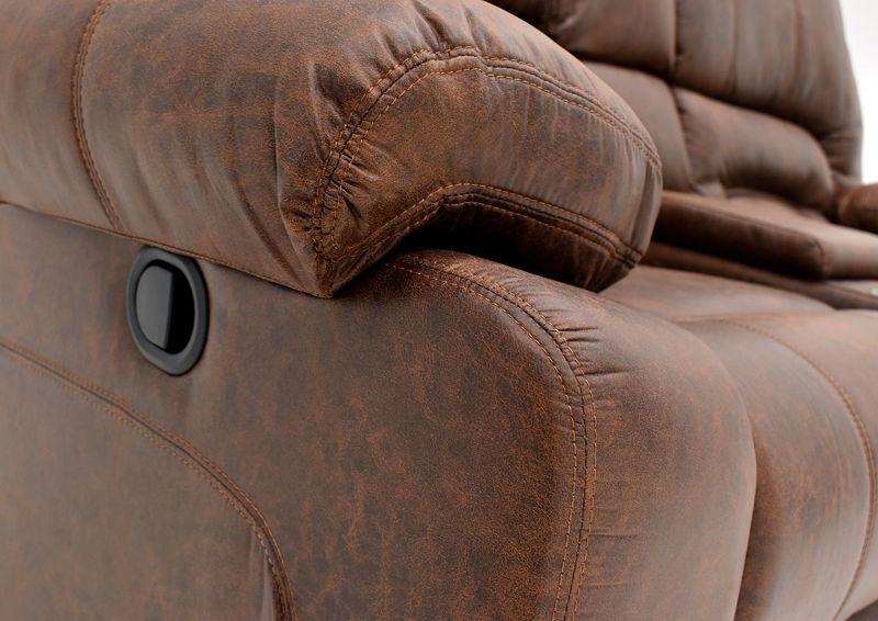 Warm Pecan Brown Gallagher Reclining Sofa Set by Kinsmen East Showing the Pillow Arm and Reclining Lever Details | Home Furniture Plus Bedding