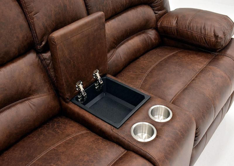 Warm Pecan Brown Gallagher Reclining Sofa Set by Kinsmen East Showing the Loveseat Storage Compartment | Home Furniture Plus Bedding