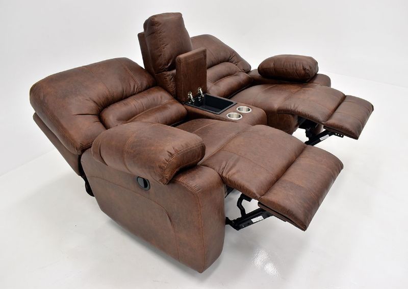Warm Pecan Brown Gallagher Reclining Sofa Set by Kinsmen East Showing the Loveseat Angle View and Fully Reclined | Home Furniture Plus Bedding