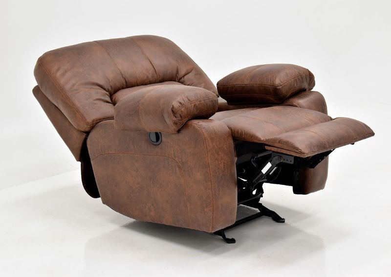 Warm Pecan Brown Gallagher Reclining Sofa Set by Kinsmen East Showing the Recliner Angle View and Fully Reclined | Home Furniture Plus Bedding
