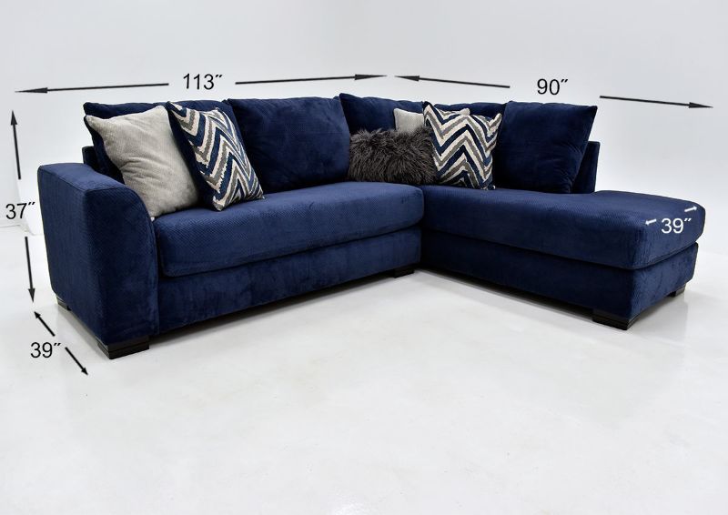 Navy Blue Prowler Small Sectional Sofa by Albany Industries Showing the Dimensions, Made in the USA | Home Furniture Plus Bedding
