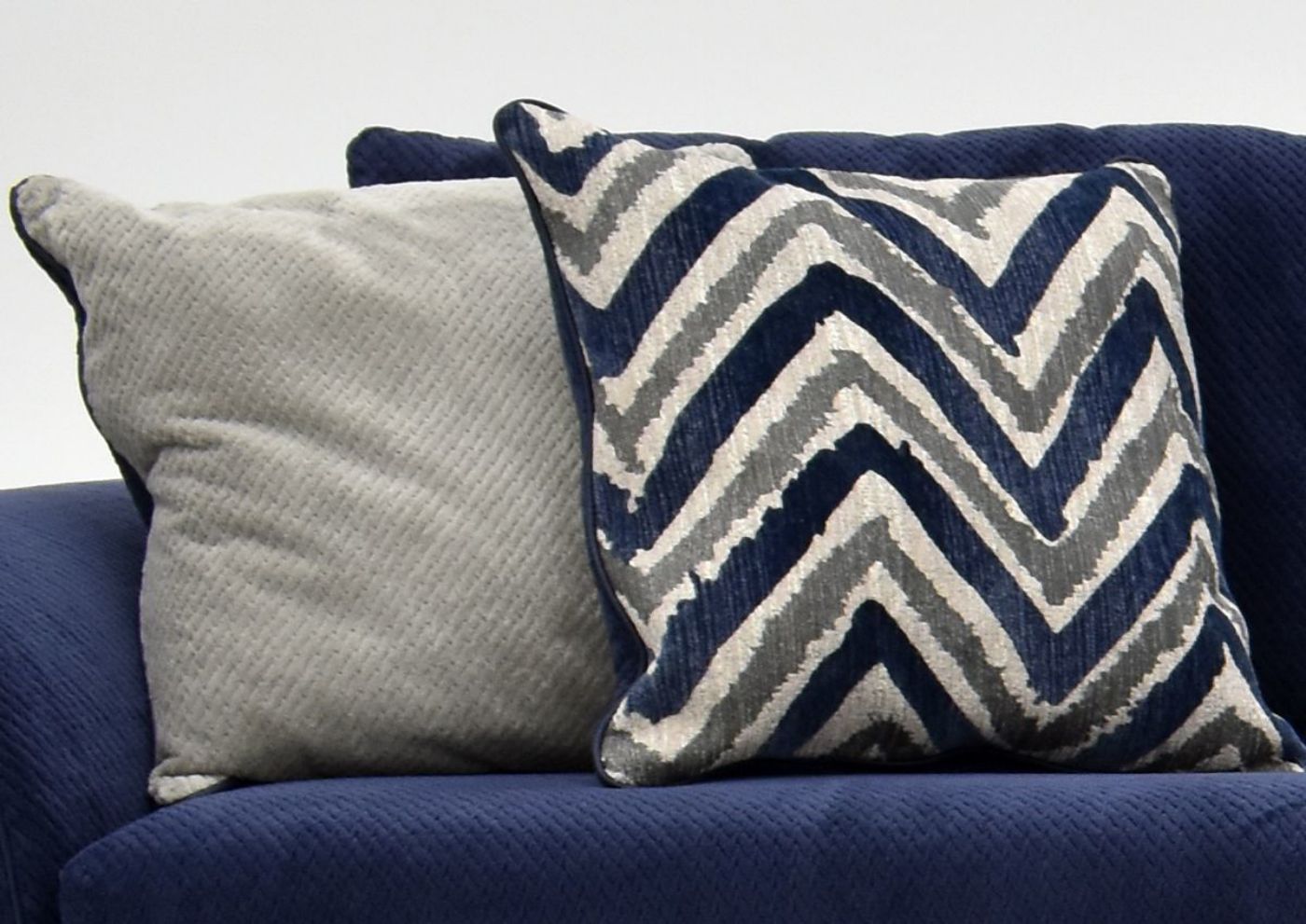 Navy Blue Prowler Small Sectional Sofa by Albany Industries Showing the Accent Pillow Detail, Made in the USA | Home Furniture Plus Bedding