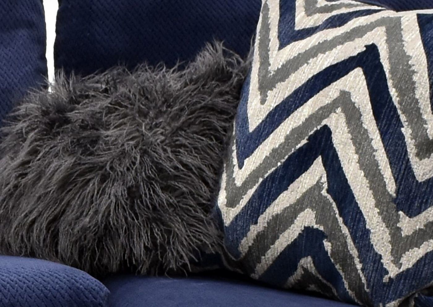 Navy Blue Prowler Small Sectional Sofa by Albany Industries Showing the Accent Pillow Detail, Made in the USA | Home Furniture Plus Bedding