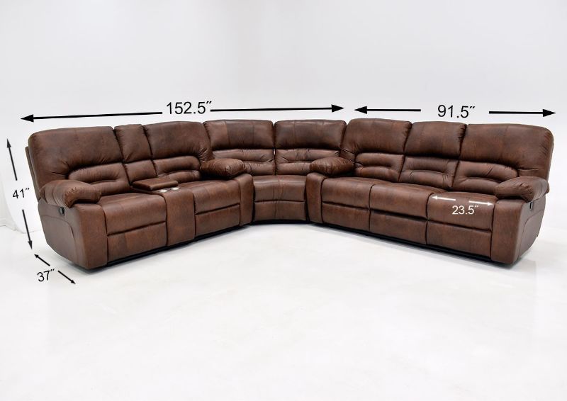 Warm Pecan Brown Gallagher Reclining Sectional Sofa by Kinsmen East Showing the Dimensions | Home Furniture Plus Bedding